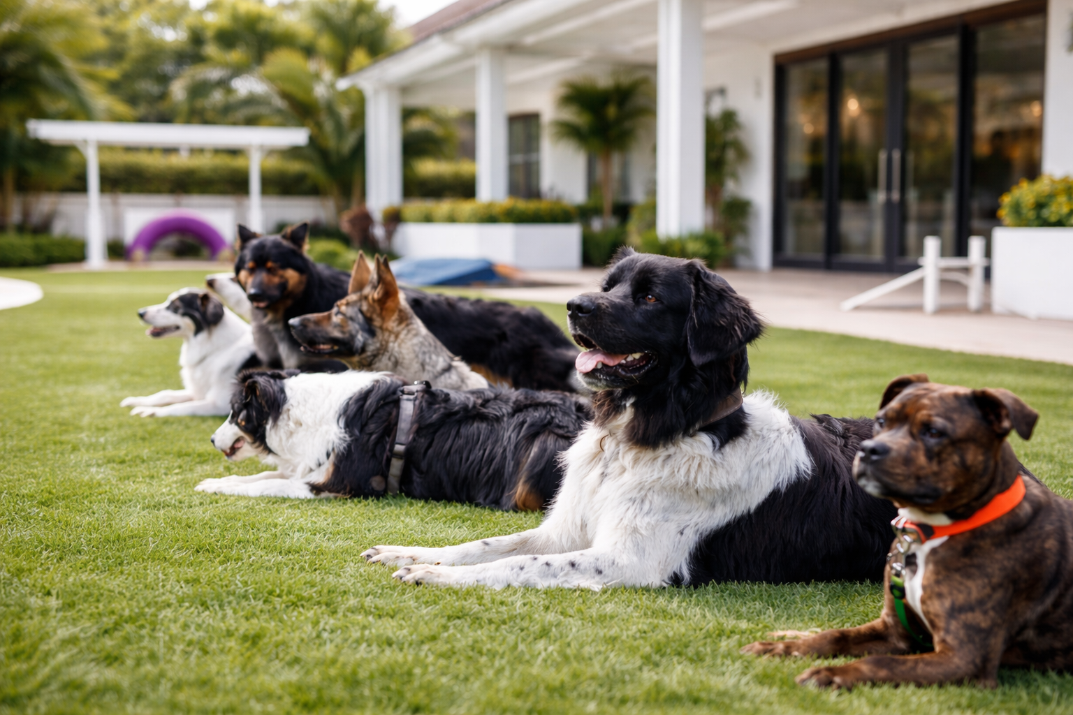 Group of dogs laying down outside of pet care facility