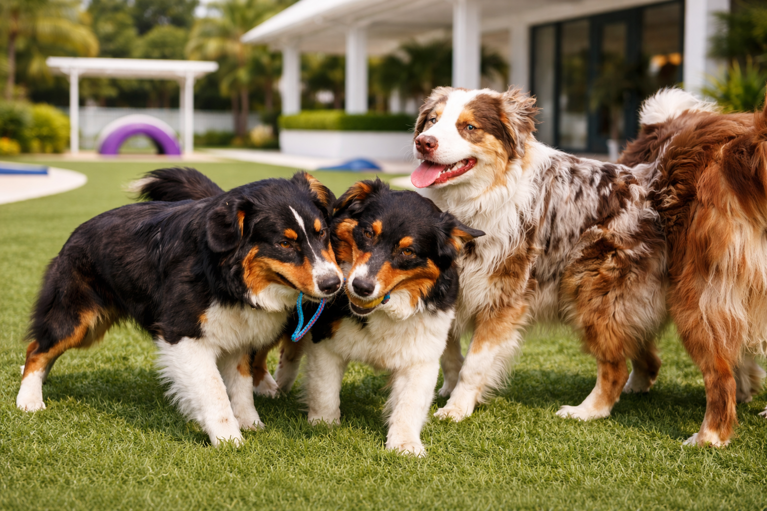 Group of dogs playing with toy outside