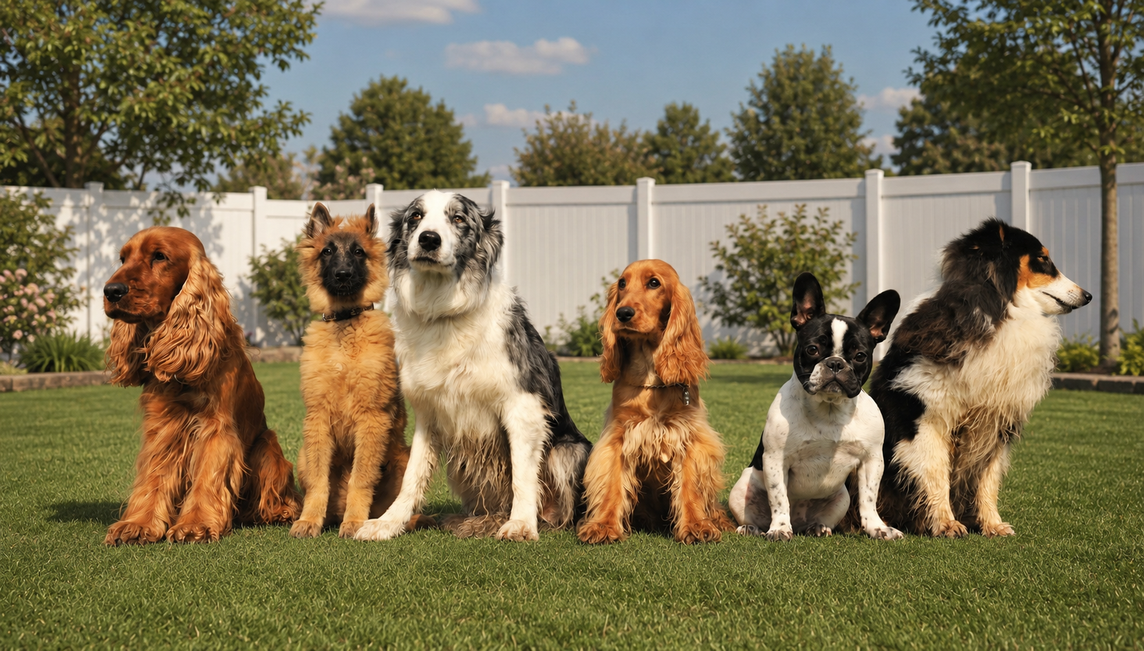 Group of dogs sitting outside in front of white fence