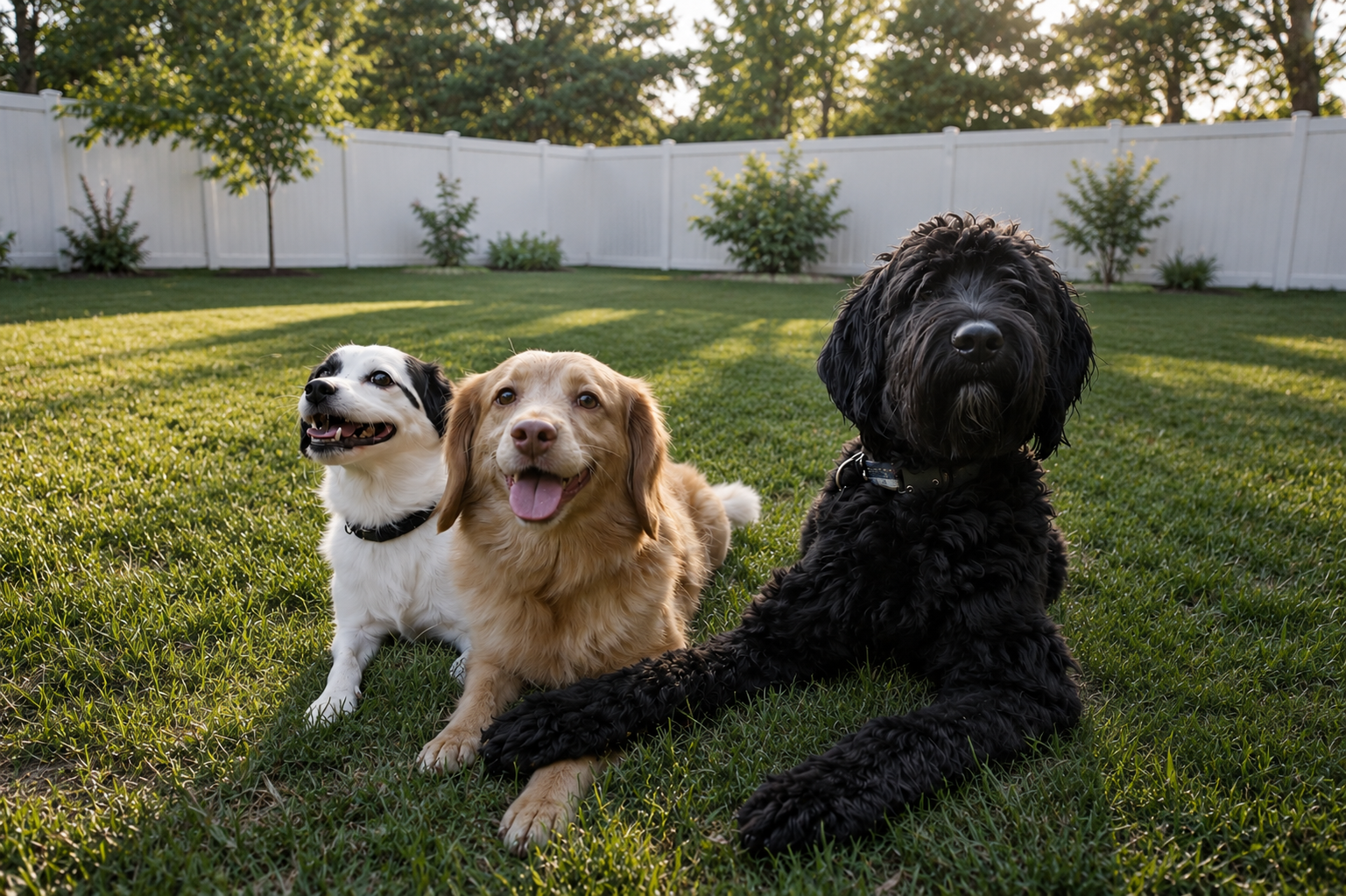 Three friendly dogs laying down outside