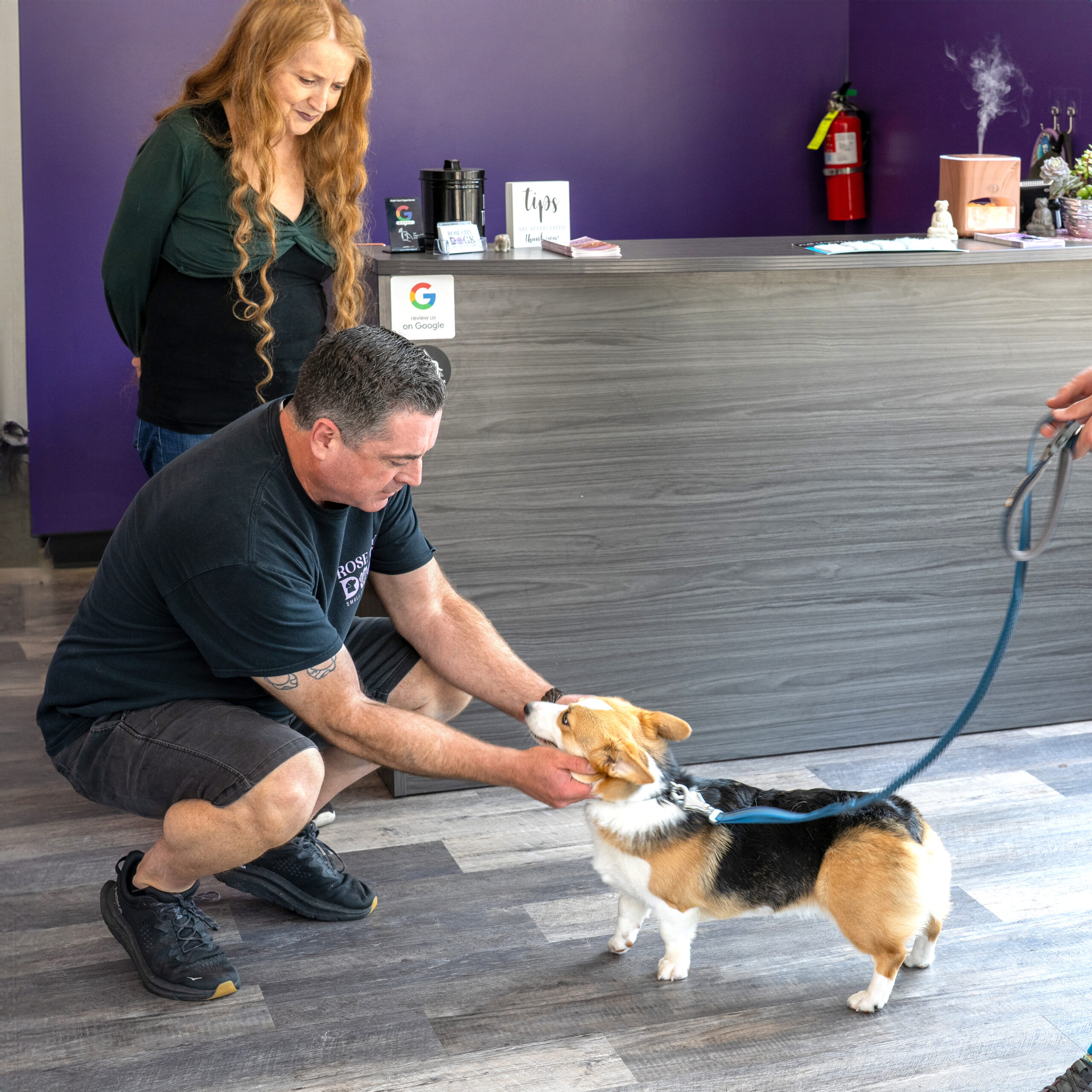 Staff members of Rose City Dogs greeting dog at front desk