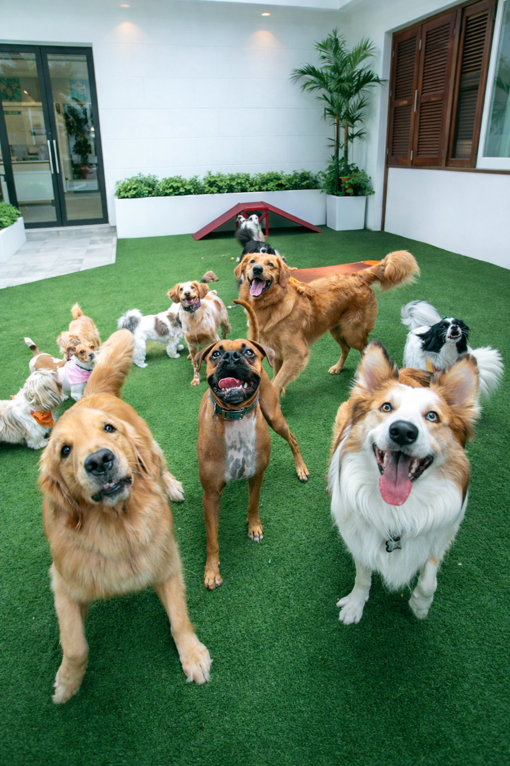 Group of dogs playing outside at pet care facility